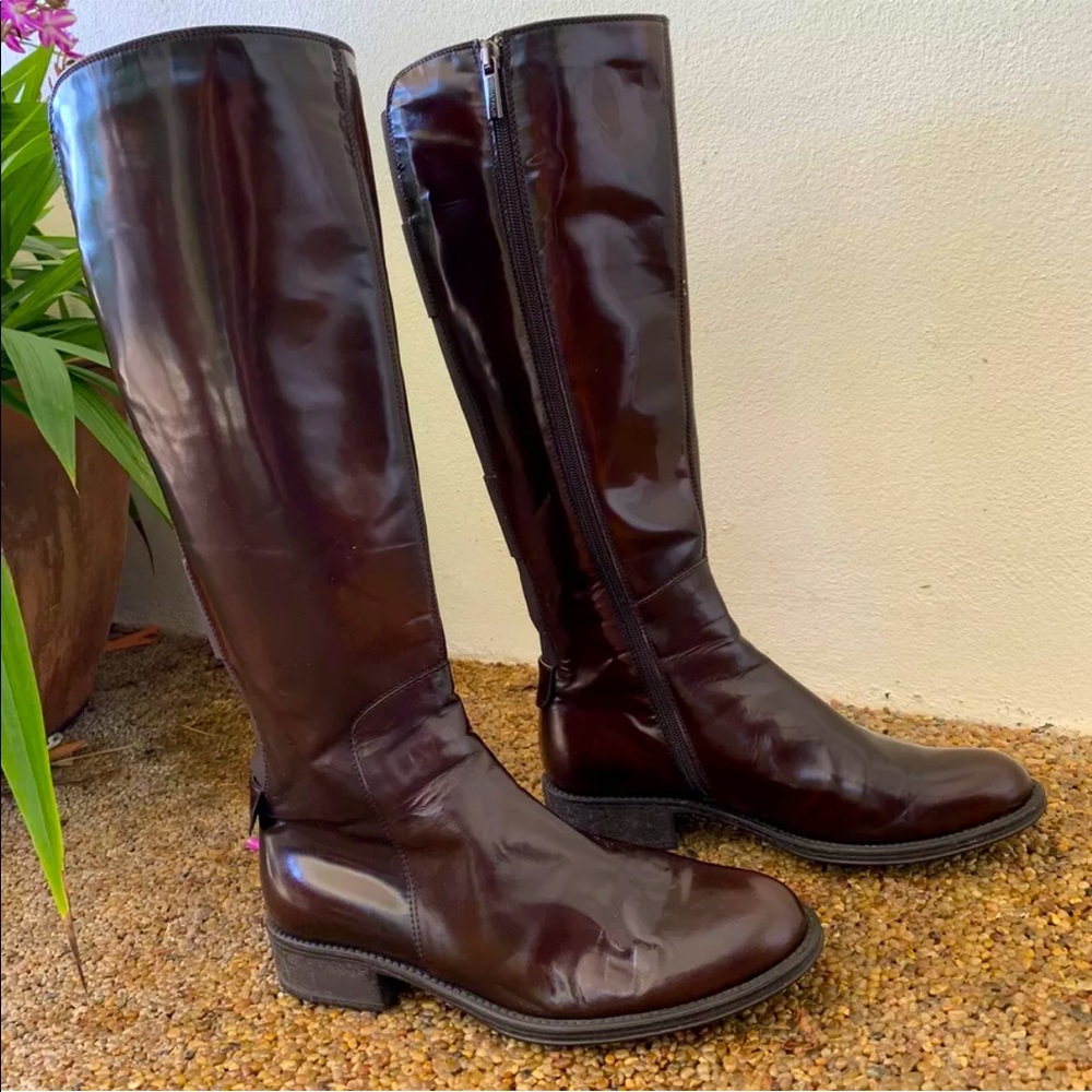 Aquatalia tall brown patent leather riding boots